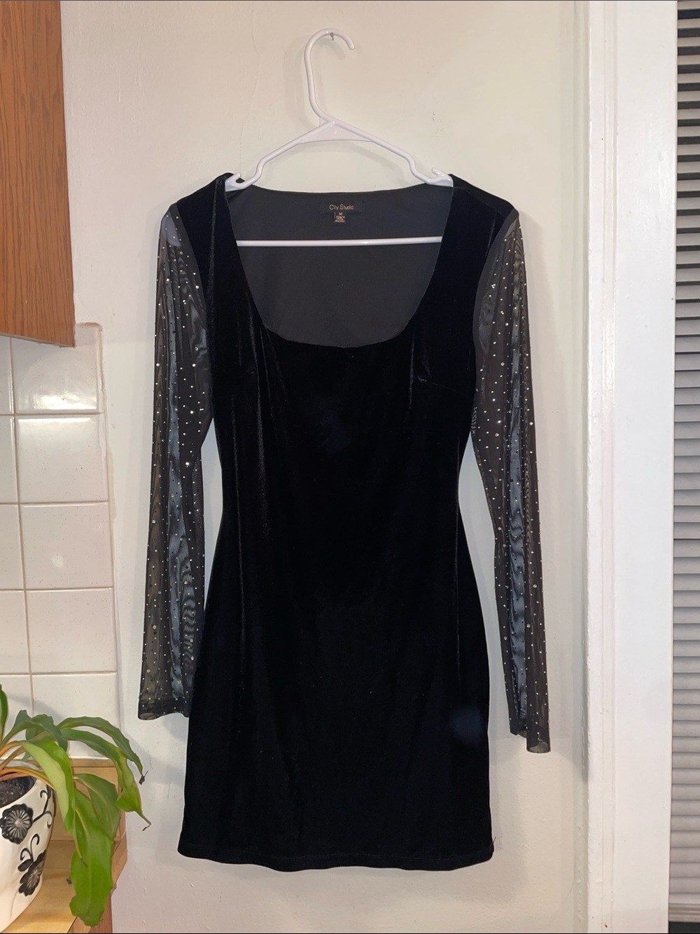 City Studio Black Velvet Mini Dress with Rhinestone Sheer Sleeves